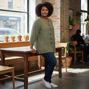 Lew Magram Womens Size 3X?? Sage Green Long Sleeve Button Up Blouse Shirt Top